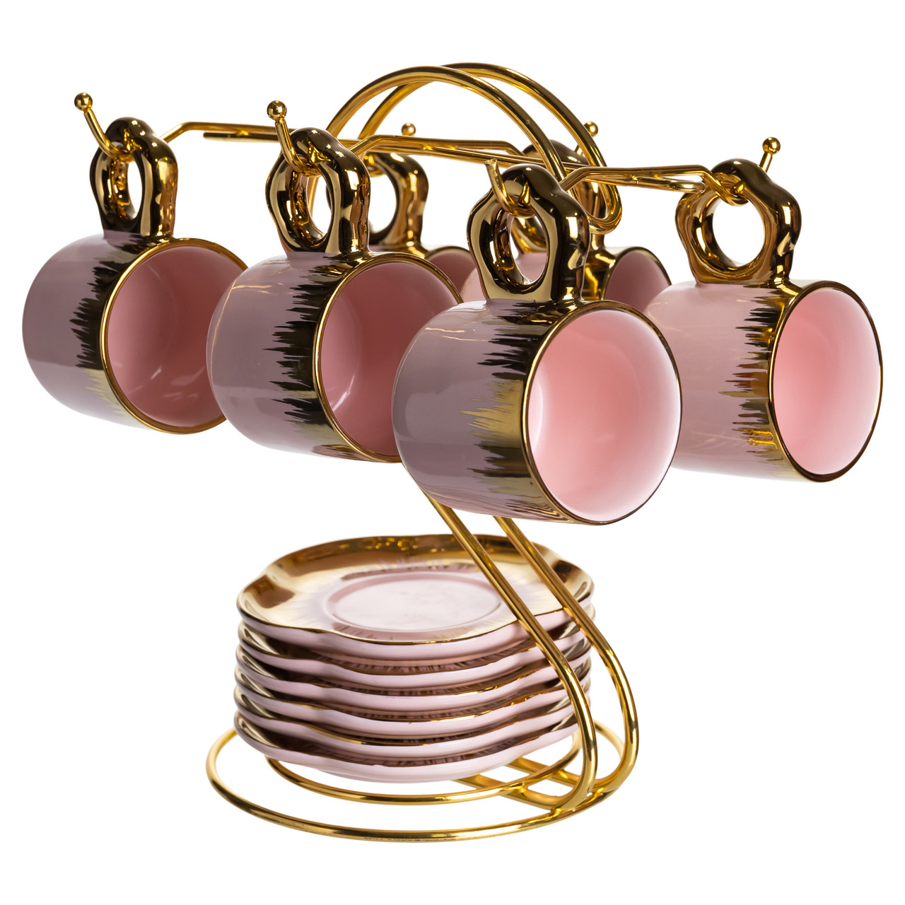 Набір чашок для кави на металевій підставці 6 (шт) по 100 (мл) подарунковий кавовий сервіз набір чашок Розовий із золотом FM-48