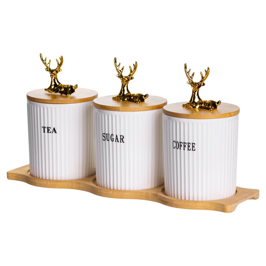 Набір порцелянових банок для сипучіх на бамбуковій підставці 3 шт. по 400 мл для чаю кави цукру SCT-652