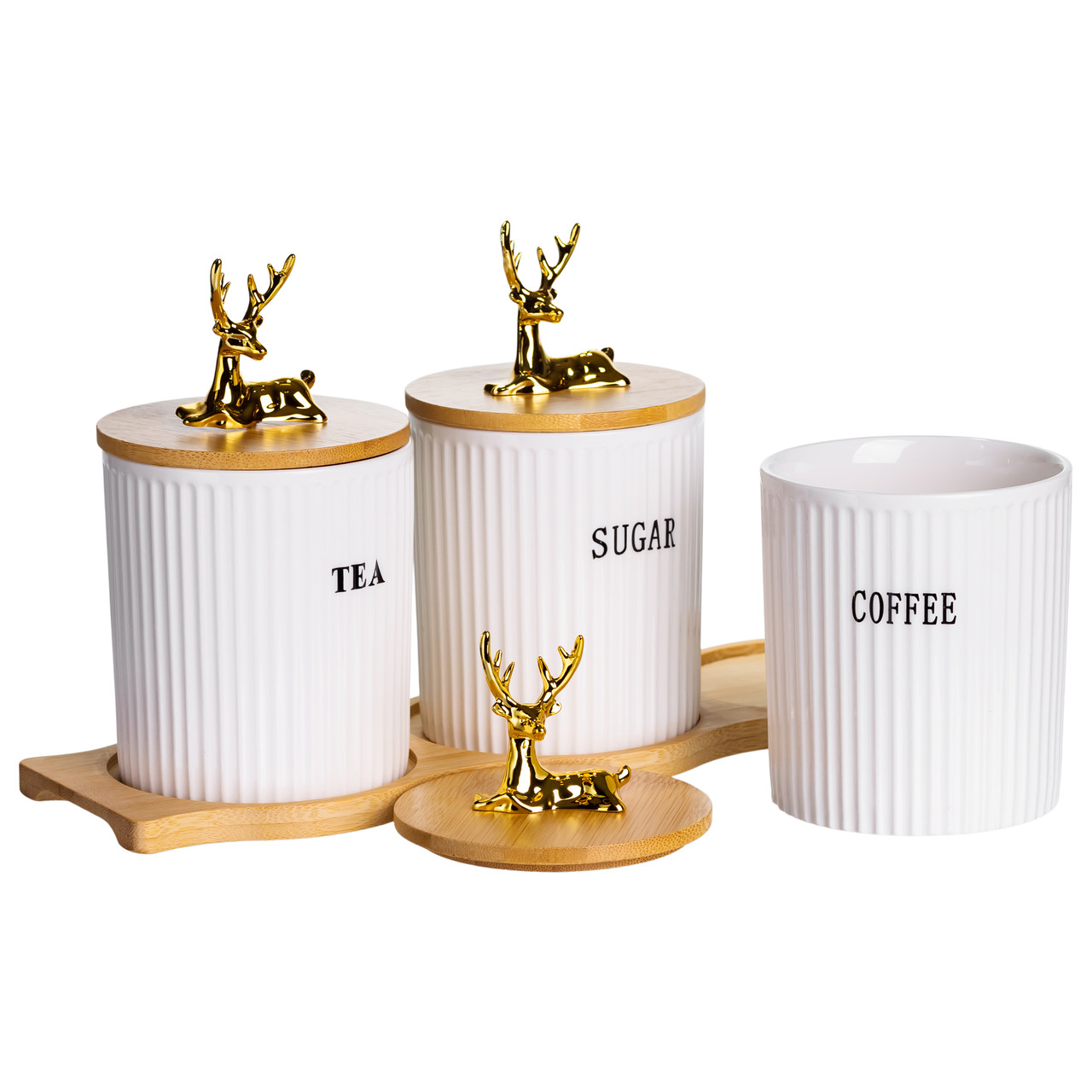 Набір порцелянових банок для сипучіх на бамбуковій підставці 3 шт. по 400 мл для чаю кави цукру SCT-652