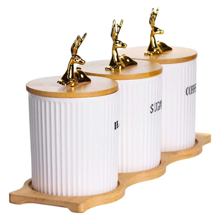 Набір порцелянових банок для сипучіх на бамбуковій підставці 3 шт. по 400 мл для чаю кави цукру SCT-652
