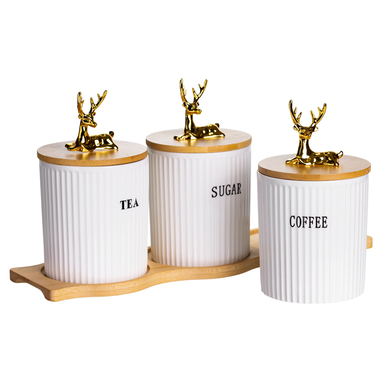 Набір порцелянових банок для сипучіх на бамбуковій підставці 3 шт. по 400 мл для чаю кави цукру SCT-652