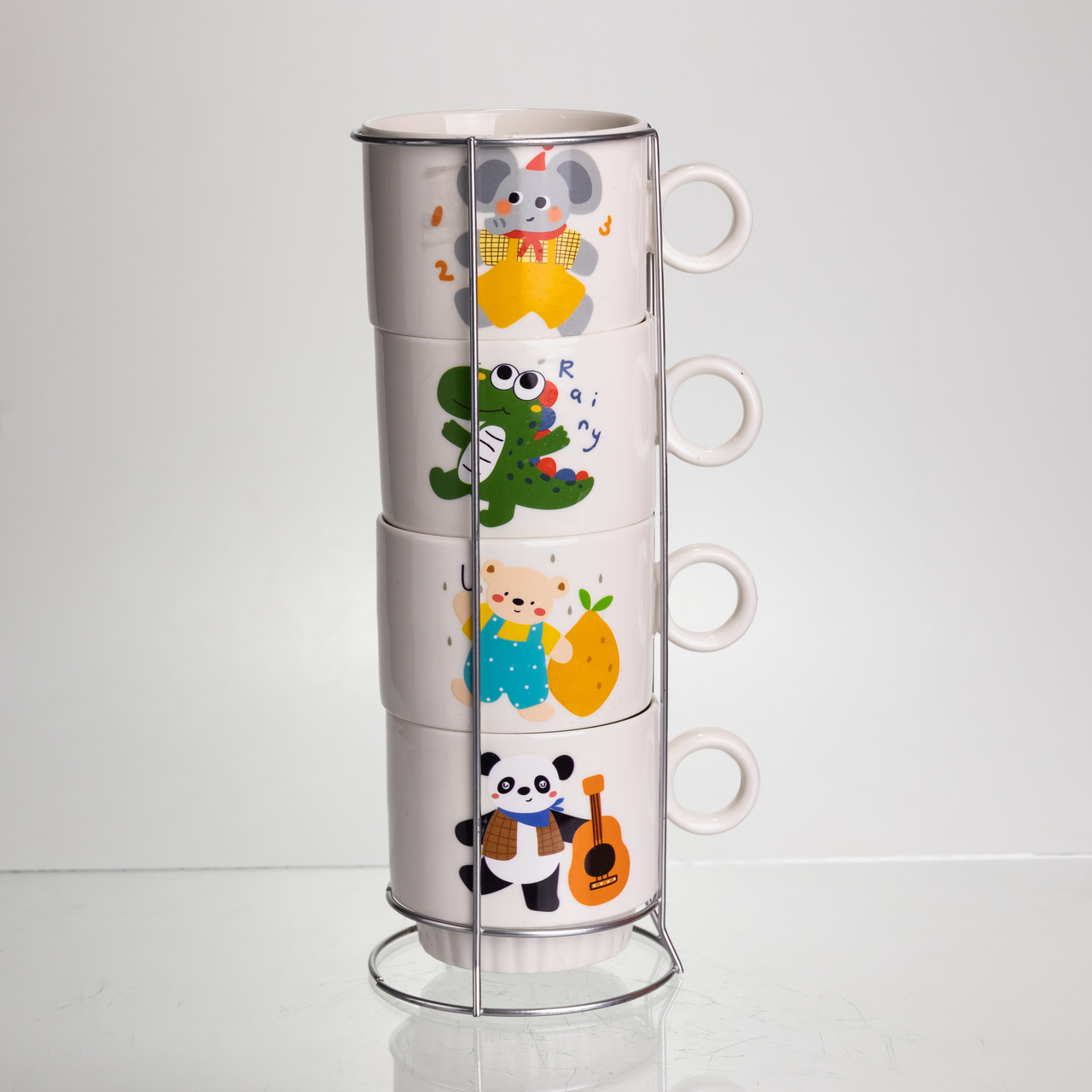 Набір порцелянових чашок для дітей на металевій підставці Animals 4 (шт) по 300 (мл) подарунковий набір чашок FM-8