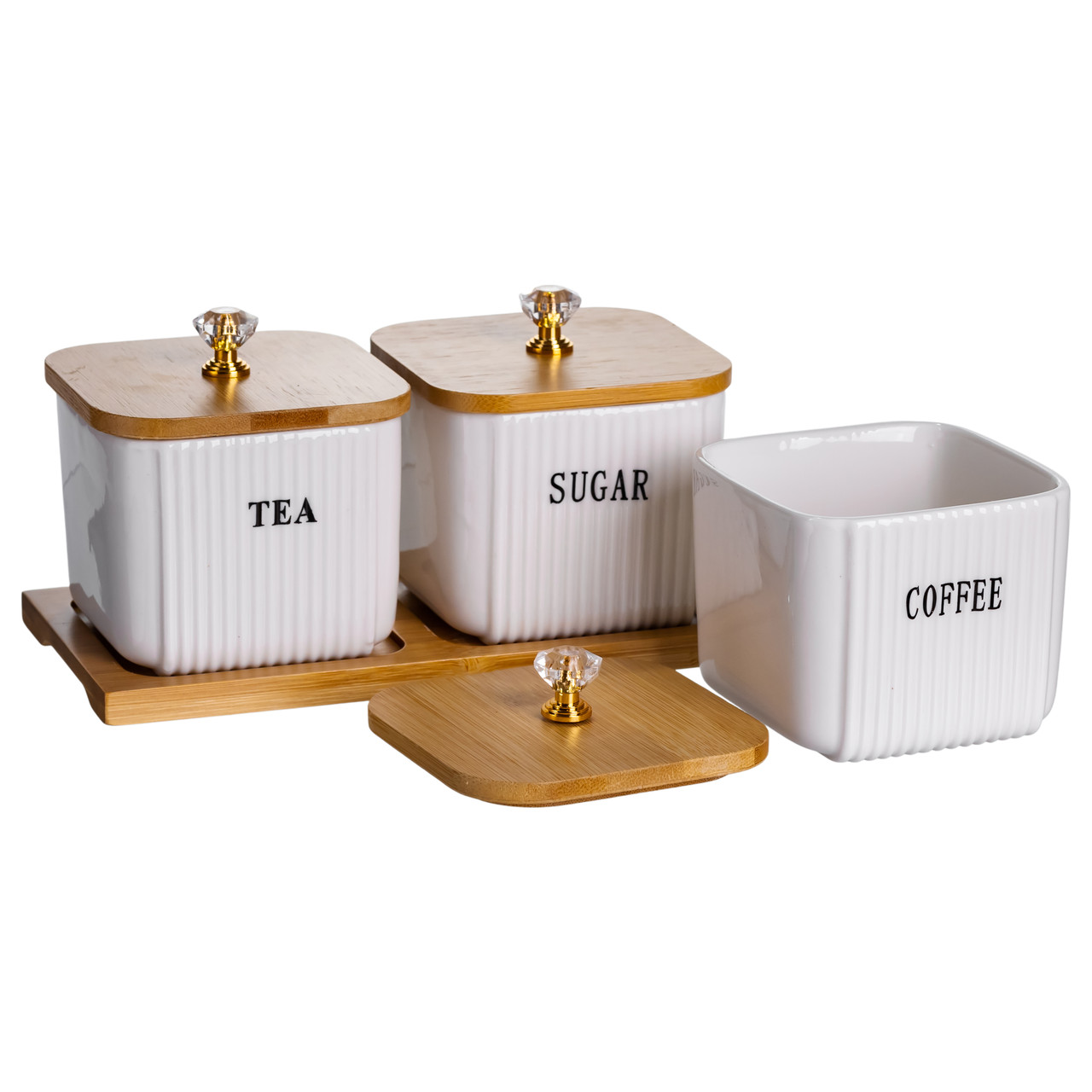 Набір порцелянових квадратних банок для сипучіх на підставці 3 шт. по 350 (мл) для чаю кави цукру SCT-643