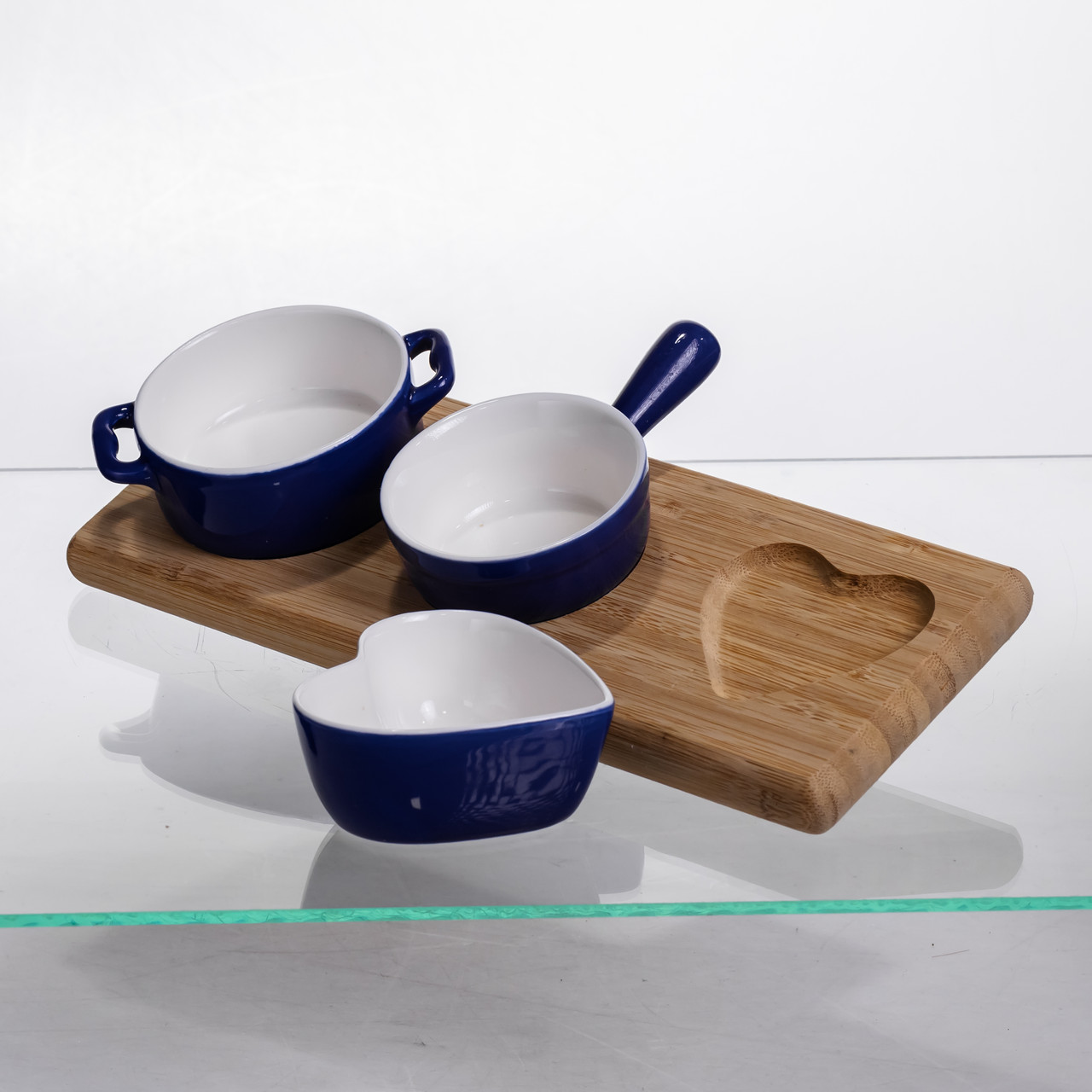 Набір менажниць порцелянових для закусок 3 (шт) по 50 (мл) менажниці на бамбуковій підставці Синій HZ001-B