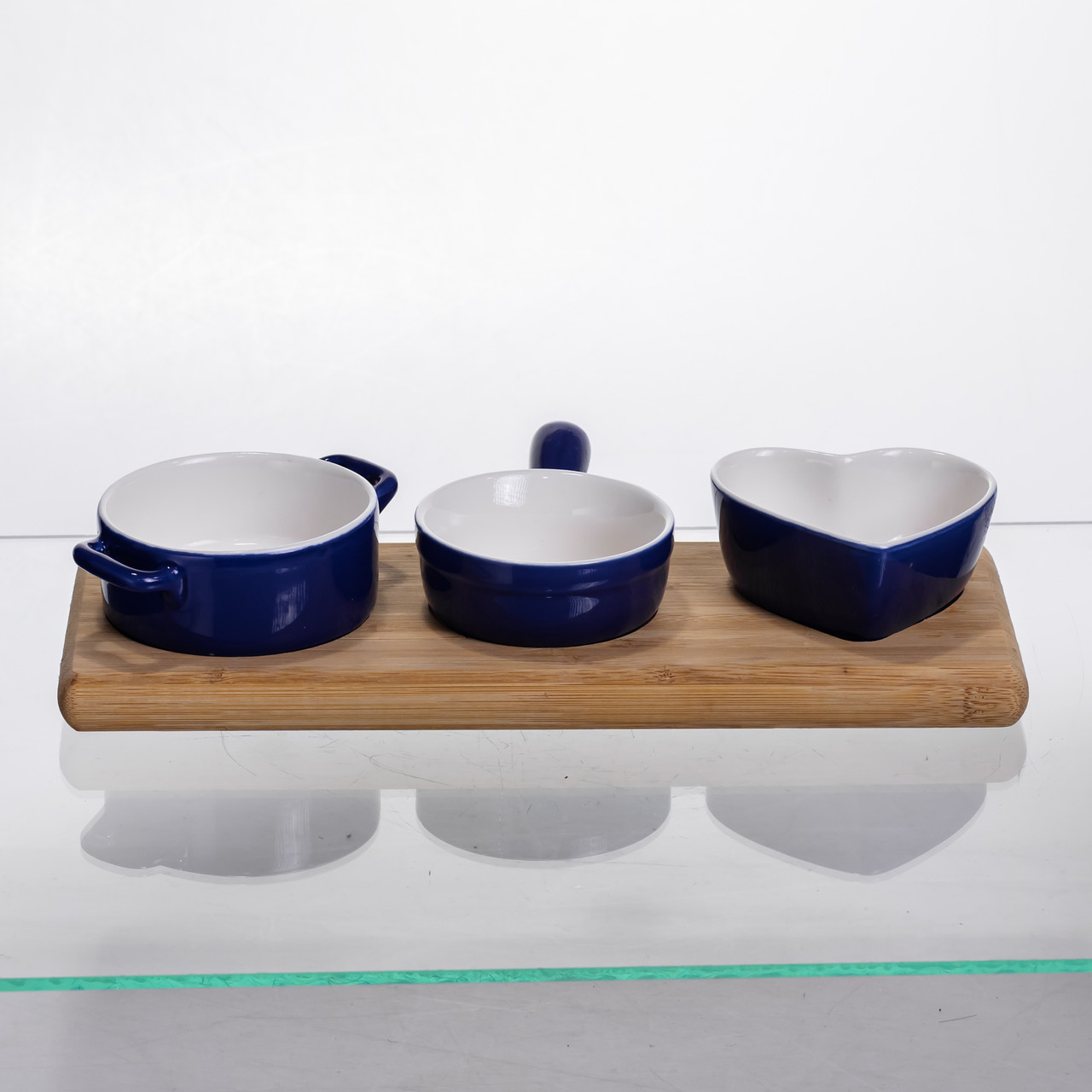 Набір менажниць порцелянових для закусок 3 (шт) по 50 (мл) менажниці на бамбуковій підставці Синій HZ001-B