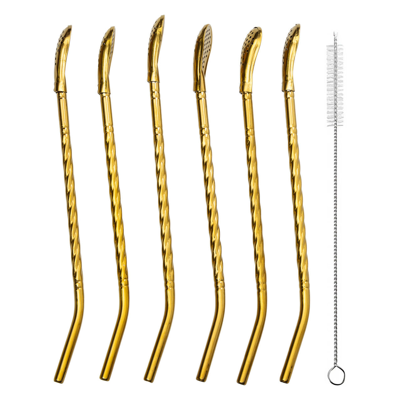 Набір багаторазових ложок-трубочок 6 шт для напоїв 19,5 см з щіткою Золотистий HP-20-56