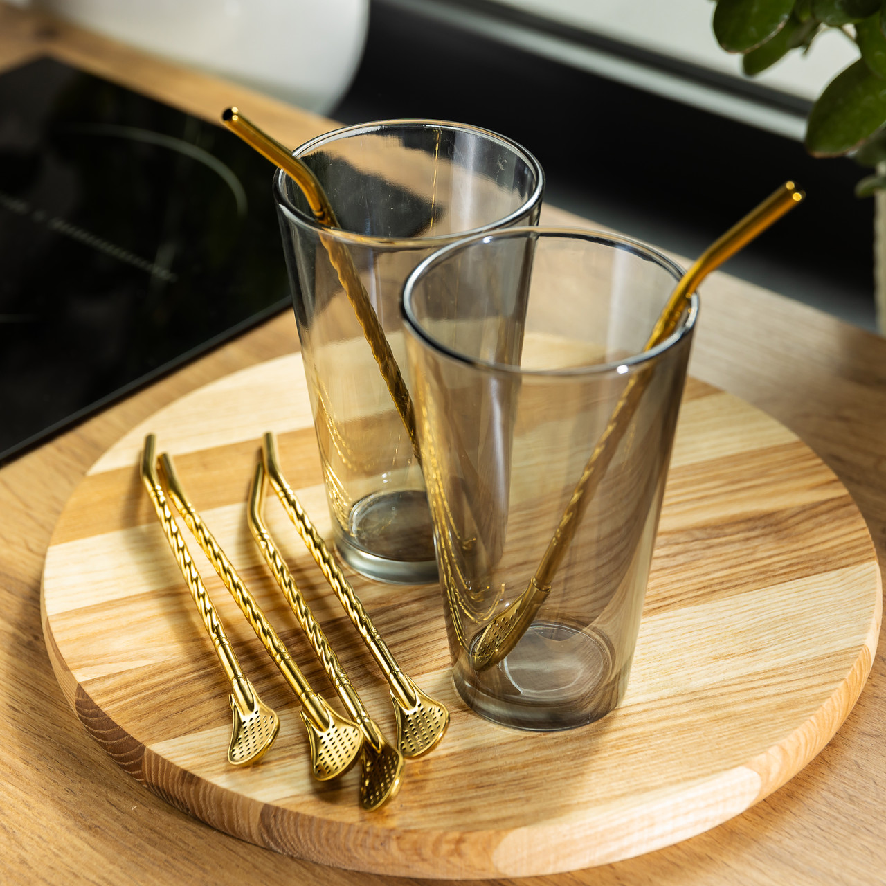 Набір багаторазових ложок-трубочок 6 шт для напоїв 19,5 см з щіткою Золотистий HP-20-56