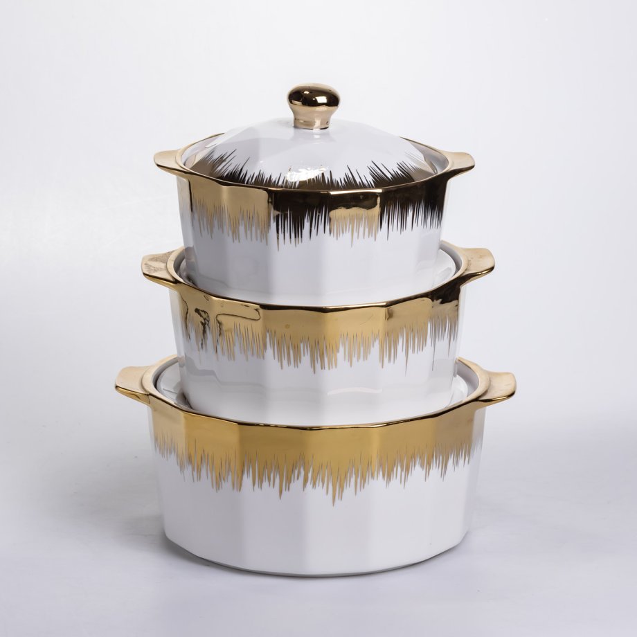 Набір супниць порцелянових 3 (шт) 1.5/2/3 (л) каструлі бульйонниці з кришкою та ручками для дому та ресторану з позолотою ML-T26-3
