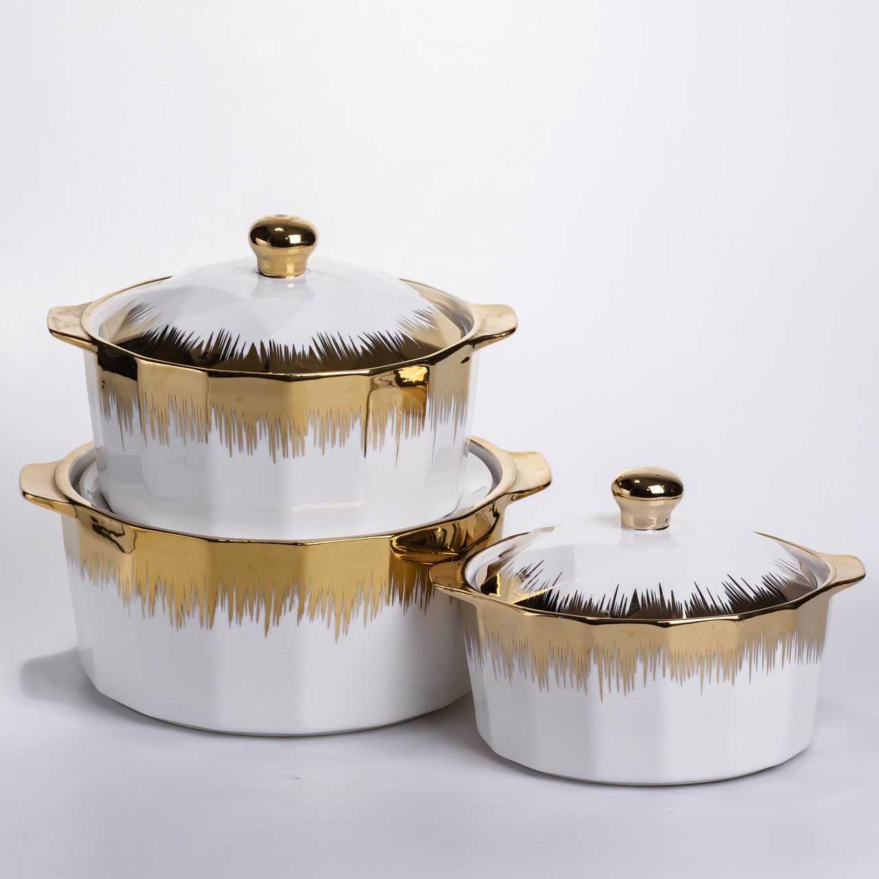 Набір супниць порцелянових 3 (шт) 1.5/2/3 (л)  каструлі бульйонниці з кришкою та ручками для дому та ресторану з позолотою ML-T26-3
