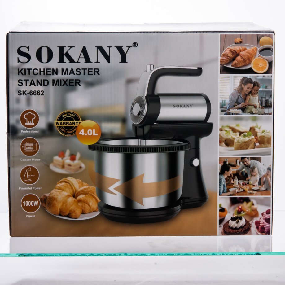 Стаціонарний міксер Sokany з чашею 4 л, 1000 Вт, 5 швидкостей, 2 насадки, віночки та гаки SK-6662