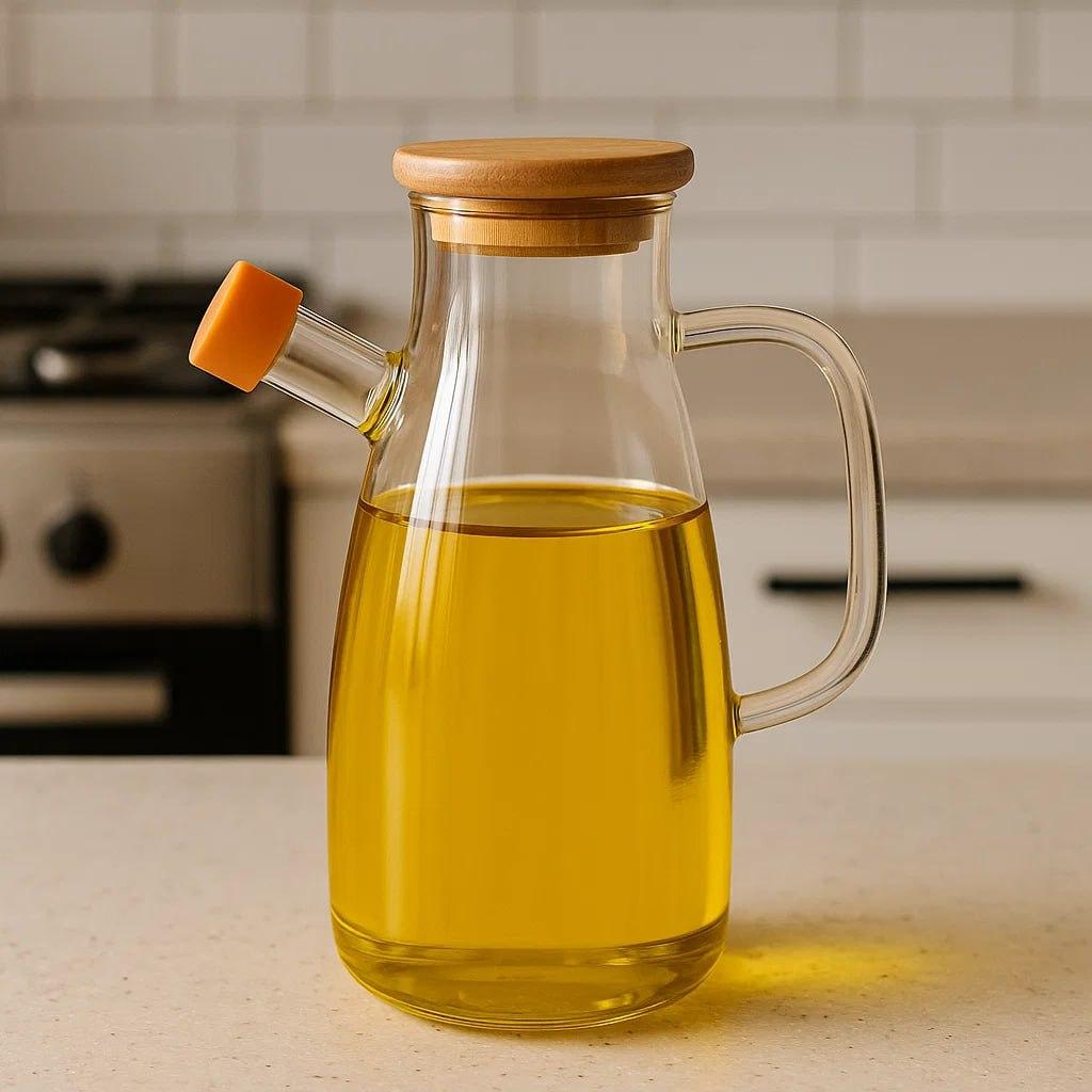 Скляна пляшка для олії та оцту з носиком і дозатором 650 мл, кришка з дерева, квадратна ручка HP-34-1-650