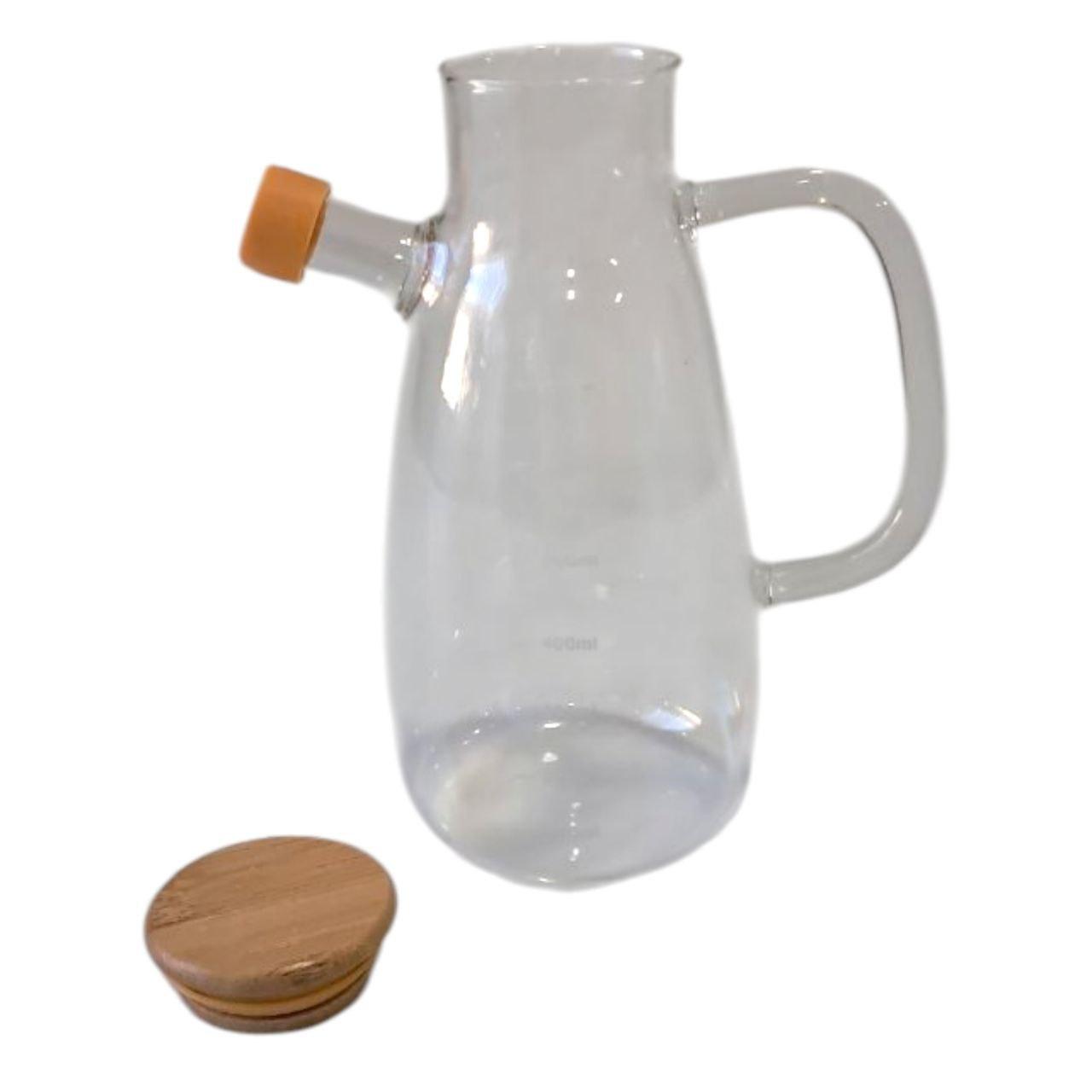 Скляна пляшка для олії та оцту з носиком і дозатором 650 мл, кришка з дерева, квадратна ручка HP-34-1-650