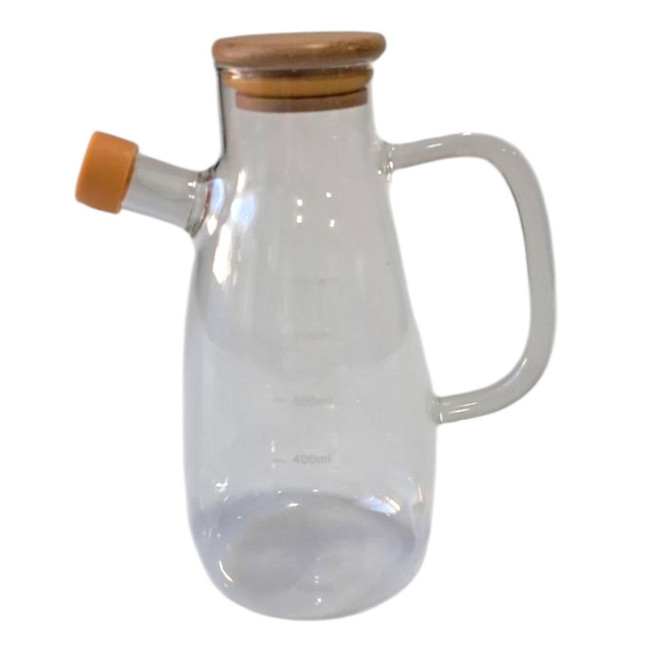 Скляна пляшка для олії та оцту з носиком і дозатором 650 мл, кришка з дерева, квадратна ручка HP-34-1-650