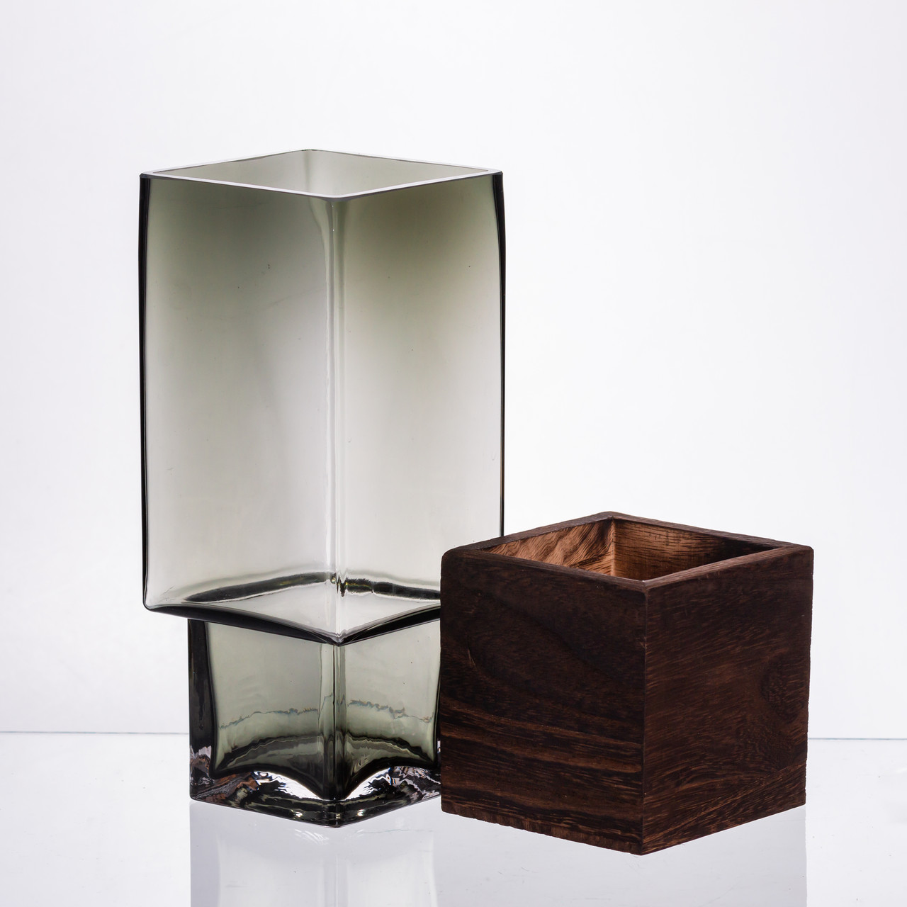 Скляна декоративна ваза квадратна, стильна ваза скло з деревом для квітів прозора HP-32-8