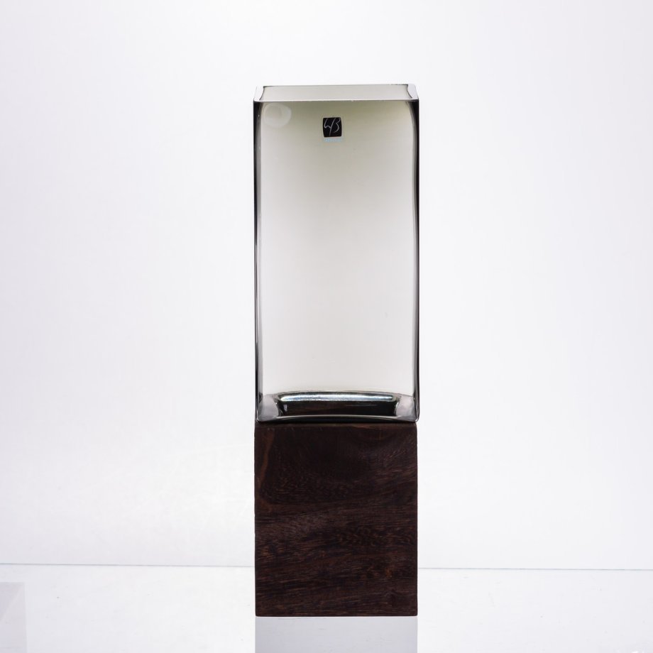 Скляна декоративна ваза квадратна, стильна ваза скло з деревом для квітів прозора HP-32-7