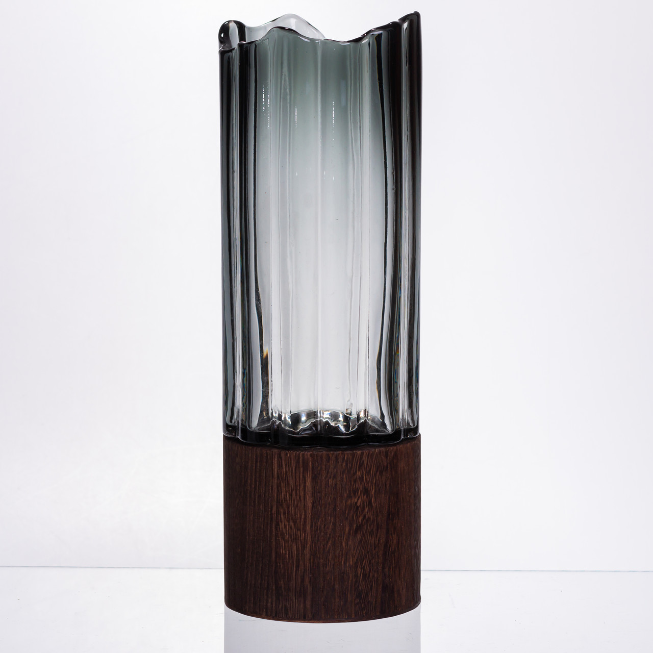 Скляна декоративна ваза циліндр, стильна ваза скло з деревом для квітів прозора HP-32-4