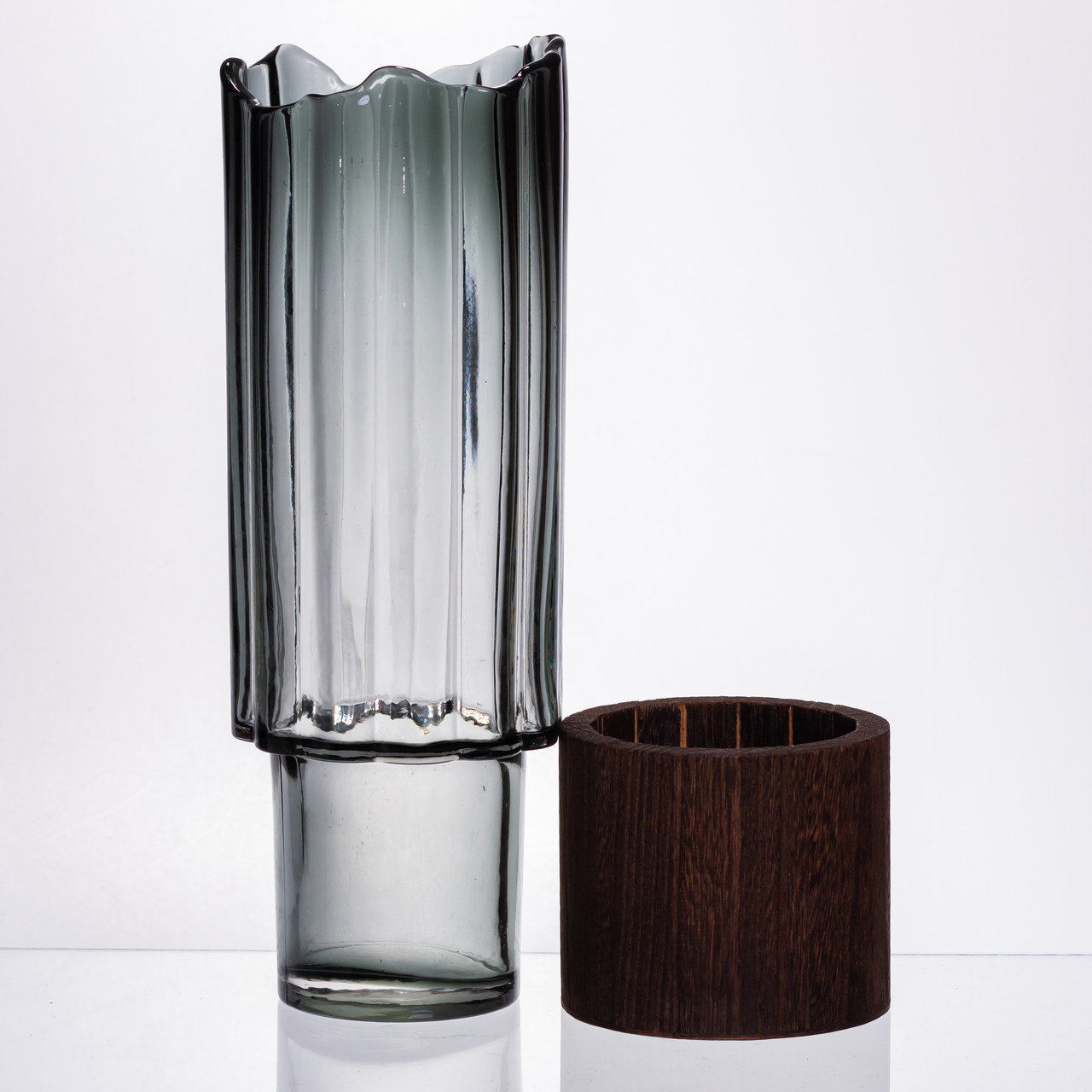 Скляна декоративна ваза циліндр, стильна ваза скло з деревом для квітів прозора HP-32-4