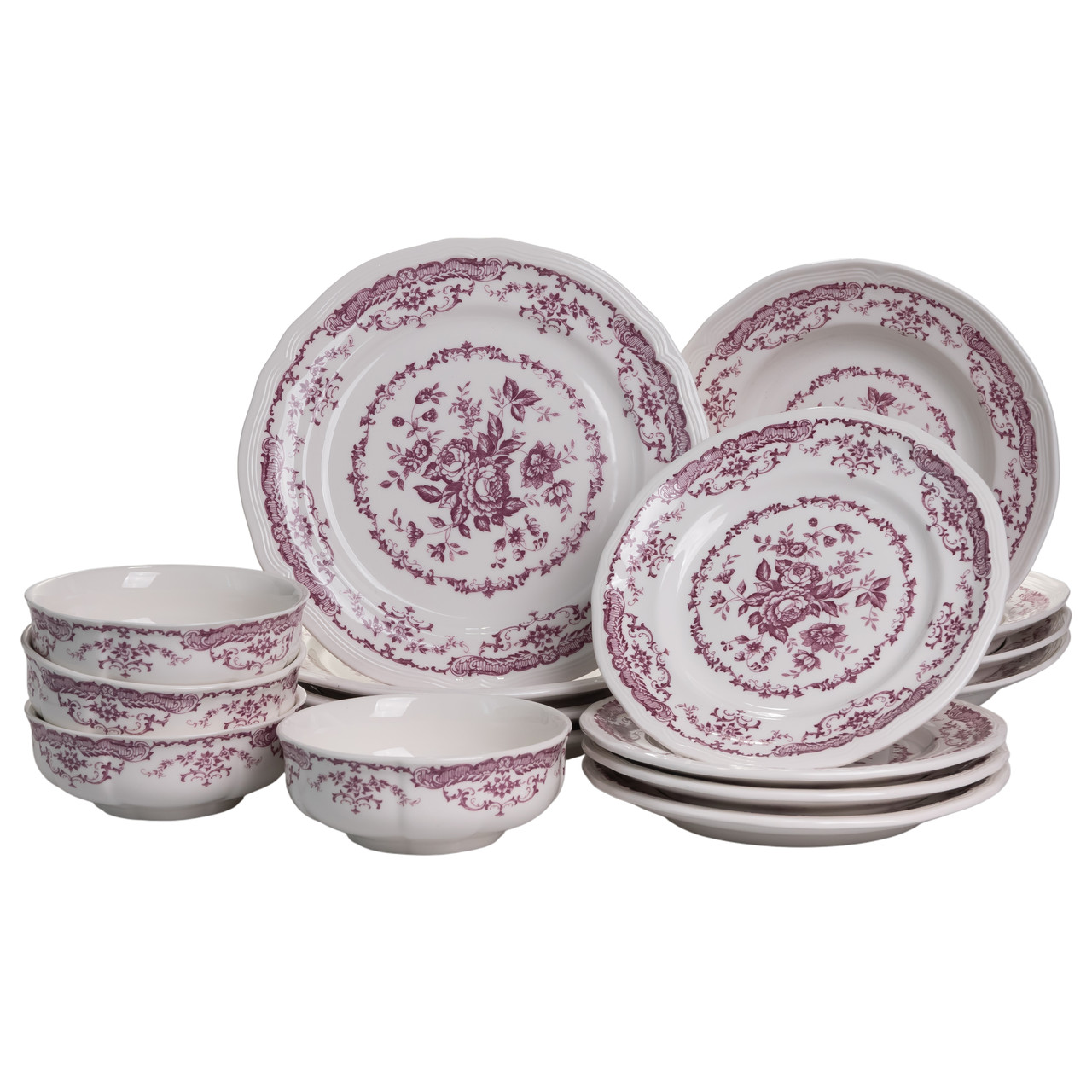 Столовий набір посуду тарілок 16 (шт) на 4 персони Bissi порцеляновий, обідній столовий сервіз тарілок Рожевий YY78-2A