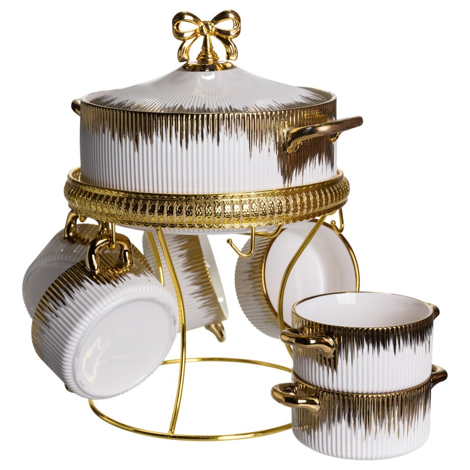 Суповий сервіз на 6 персон супниця 2 (л) на підставці з бульйонницями 400 (мл) тарілки для супу Білий із золотом FM-A23-2