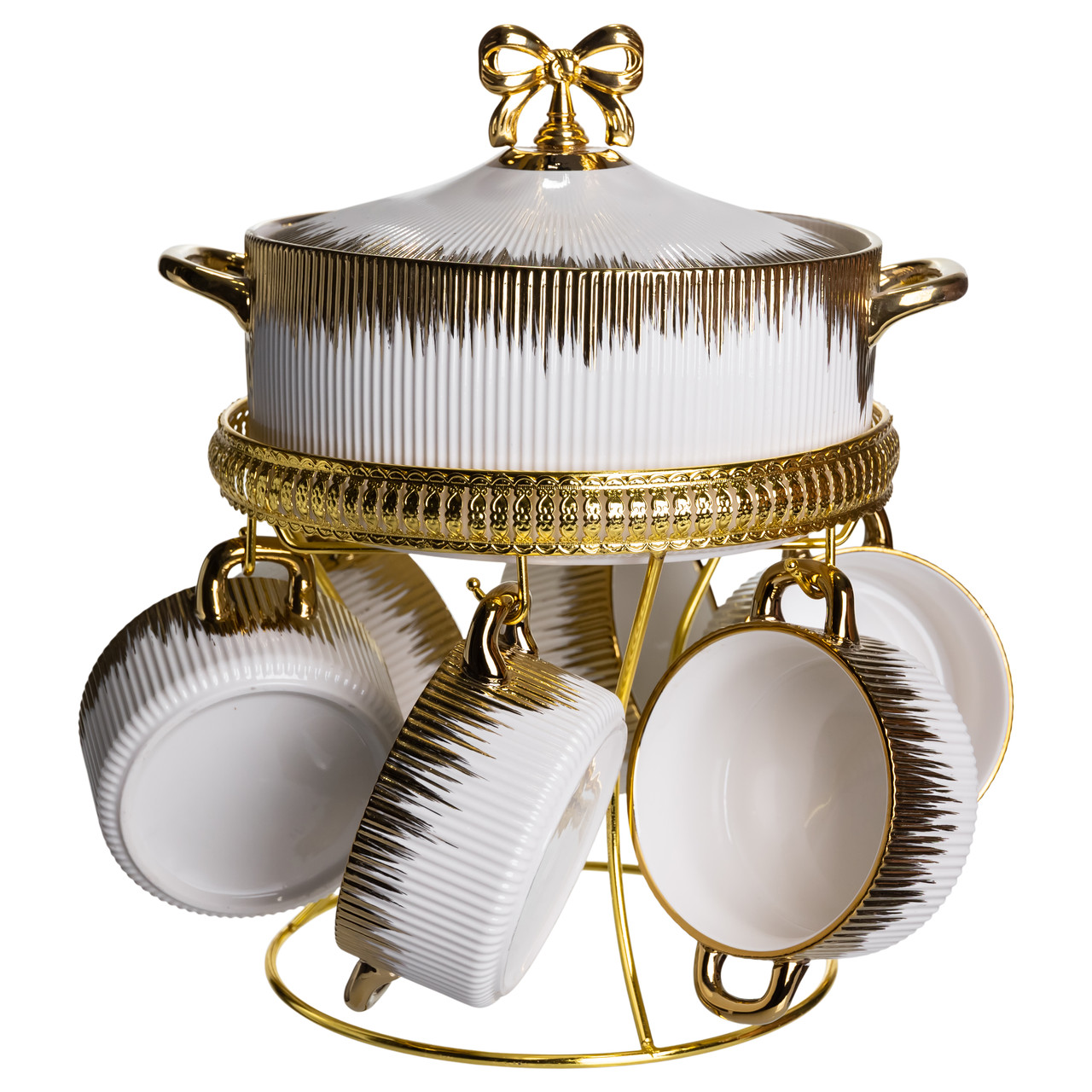 Суповий сервіз на 6 персон супниця 2 (л) на підставці з бульйонницями 400 (мл) тарілки для супу Білий із золотом FM-A23-2