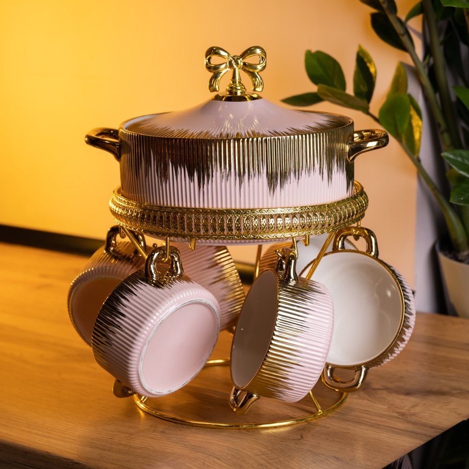 Суповий сервіз на 6 персон супниця 2 (л) на підставці з бульйонницями 400 (мл) тарілки для супу Рожевий з золотом FM-A23-5