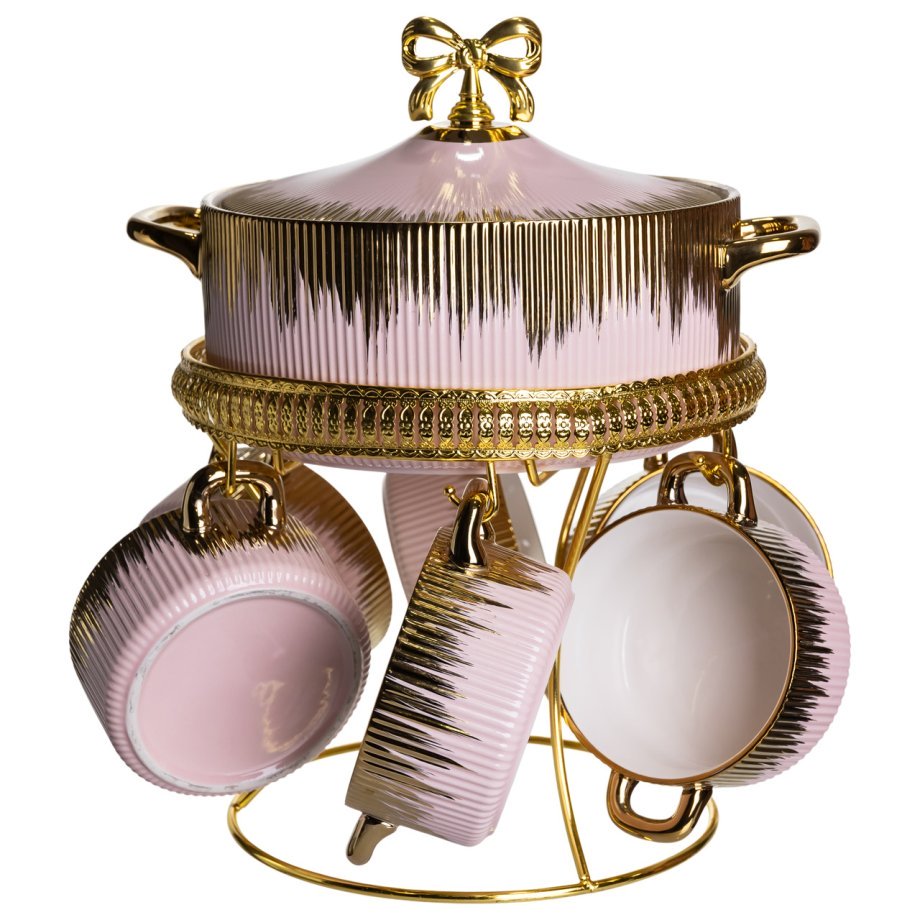 Суповий сервіз на 6 персон супниця 2 (л) на підставці з бульйонницями 400 (мл) тарілки для супу Рожевий з золотом FM-A23-5