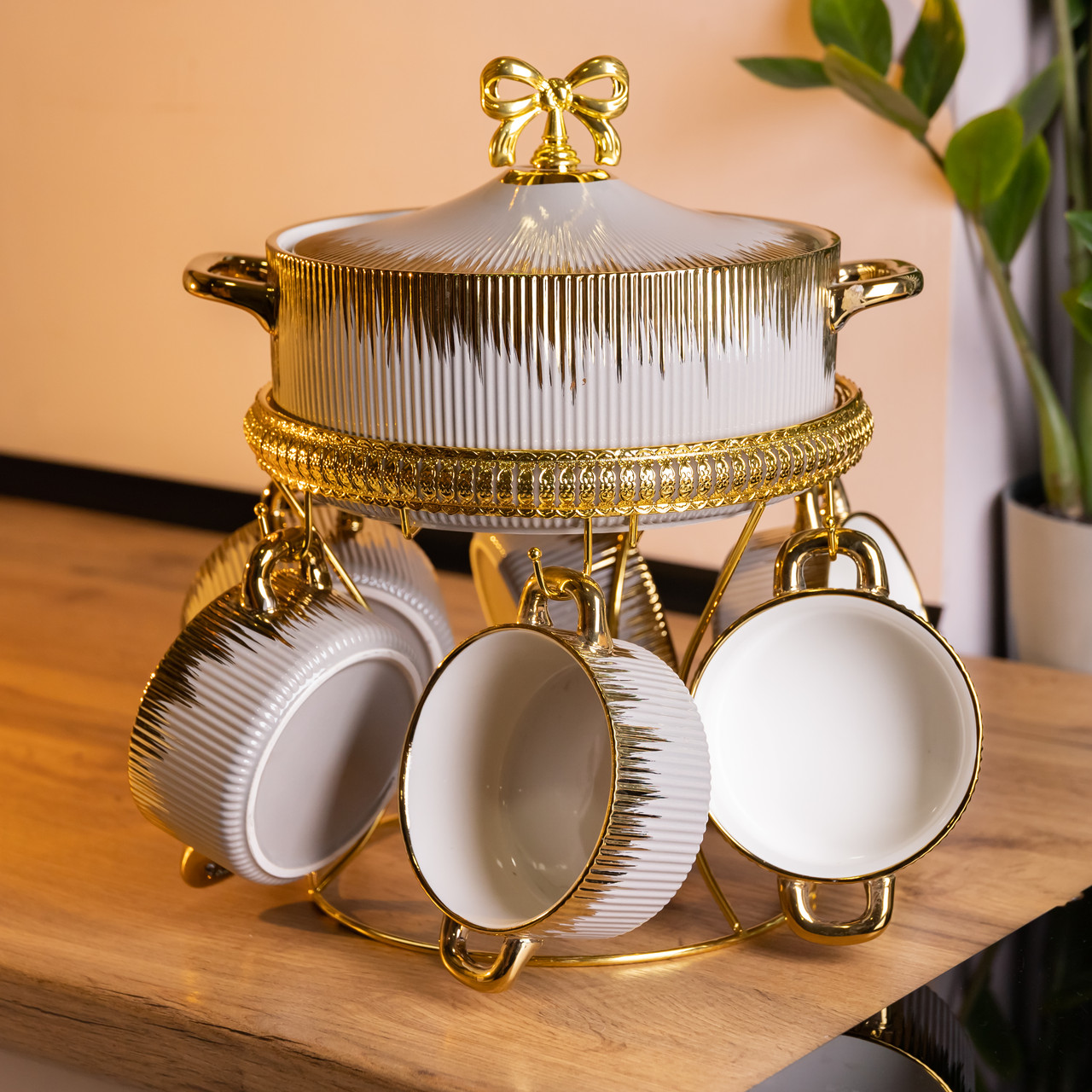 Суповий сервіз на 6 персон супниця 2 (л) на підставці з бульйонницями 400 (мл) тарілки для супу Сірий з золотом FM-A23-6