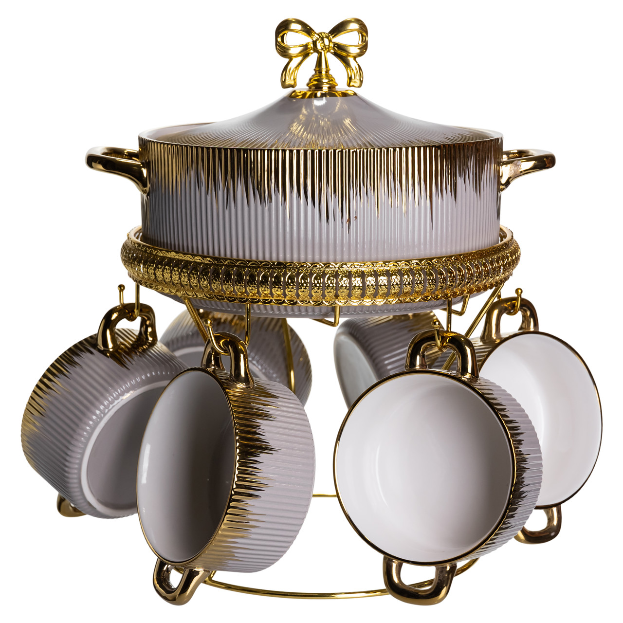 Суповий сервіз на 6 персон супниця 2 (л) на підставці з бульйонницями 400 (мл) тарілки для супу Сірий з золотом FM-A23-6