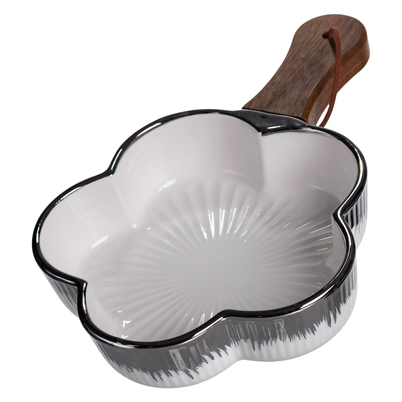 Тарілка порцелянова глибока з ручкою Квітка 24×16×4 (см) блюдо сервірувальне з ручкою для подачі тарілка сковорода Срібло ZJH-13-3