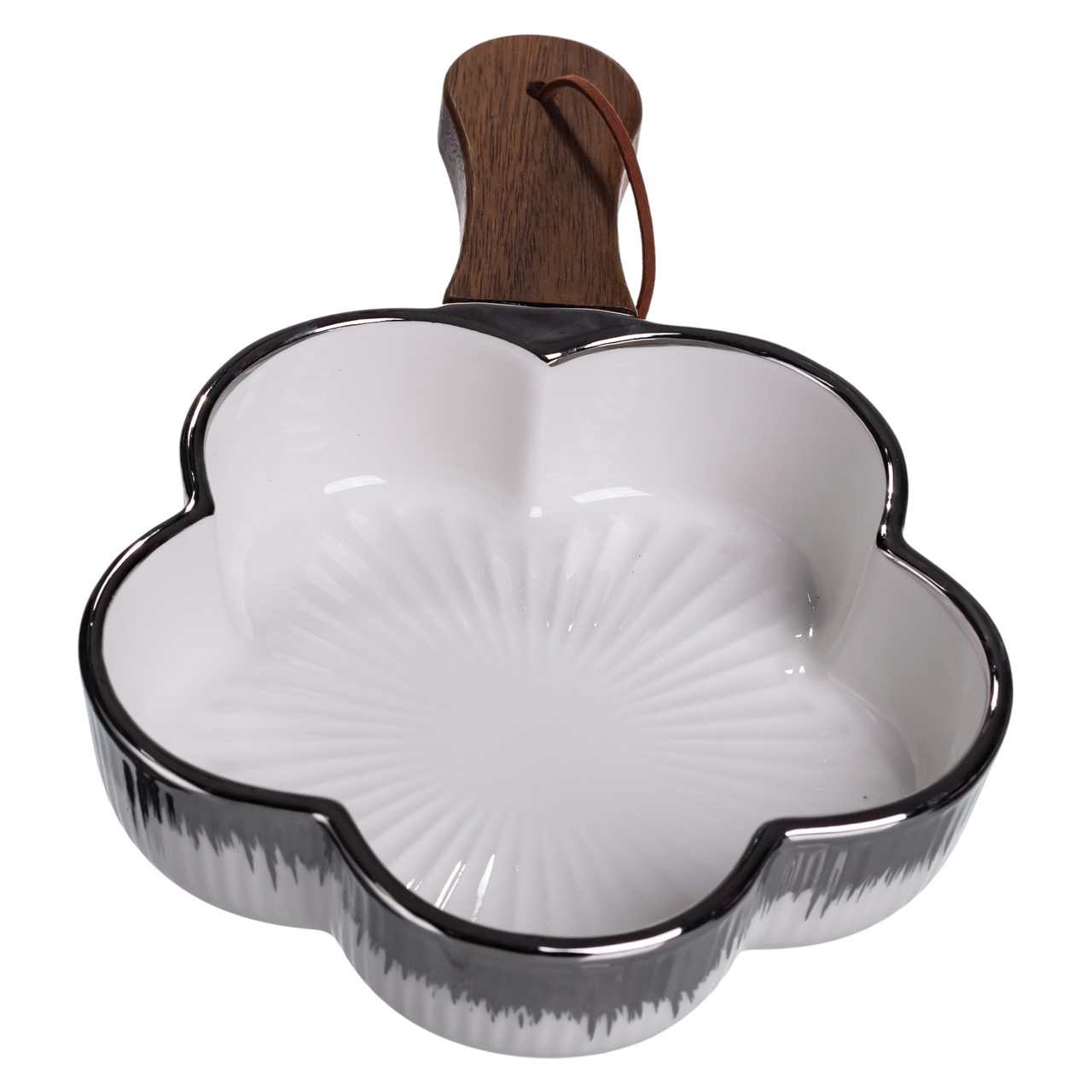 Тарілка порцелянова глибока з ручкою Квітка 24×16×4 (см) блюдо сервірувальне з ручкою для подачі тарілка сковорода Срібло ZJH-13-3