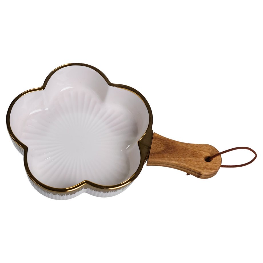 Тарілка порцелянова глибока з ручкою Квітка 24×16×4 (см) блюдо сервірувальне з ручкою для подачі тарілка сковорода Золото ZJH-13-1