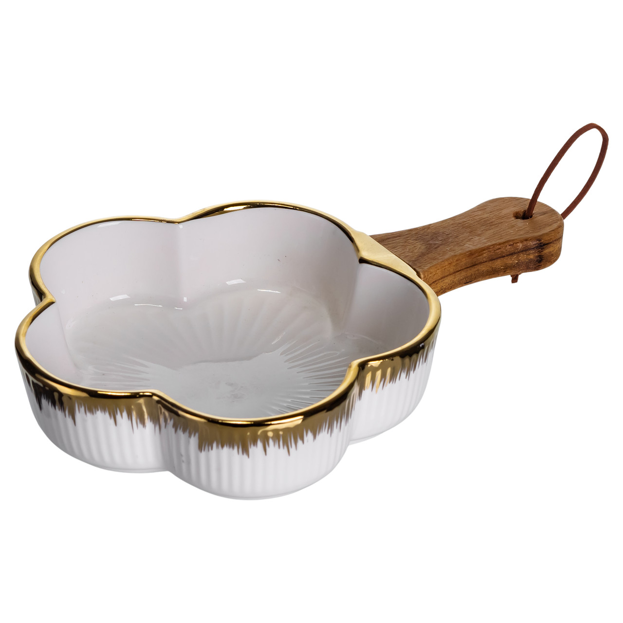 Тарілка порцелянова глибока з ручкою Квітка 24×16×4 (см) блюдо сервірувальне з ручкою для подачі тарілка сковорода Золото ZJH-13-1