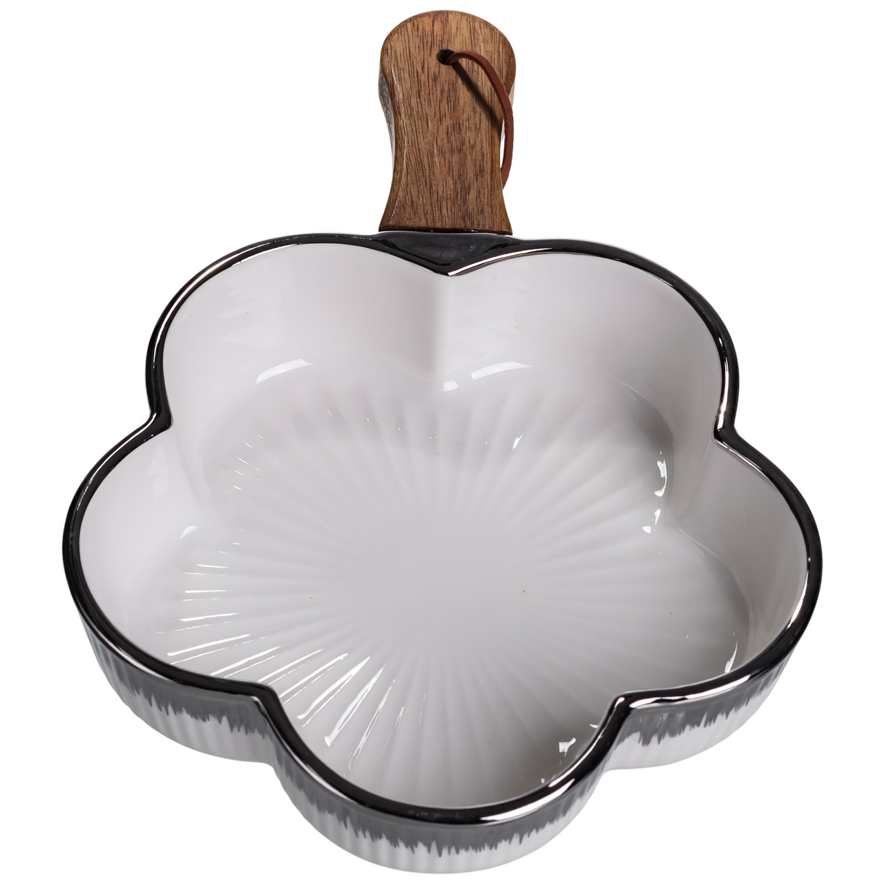 Тарілка порцелянова глибока з ручкою Квітка 27×20×5 (см) блюдо сервірувальне з ручкою для подачі тарілка сковорода Срібло ZJH-13-4