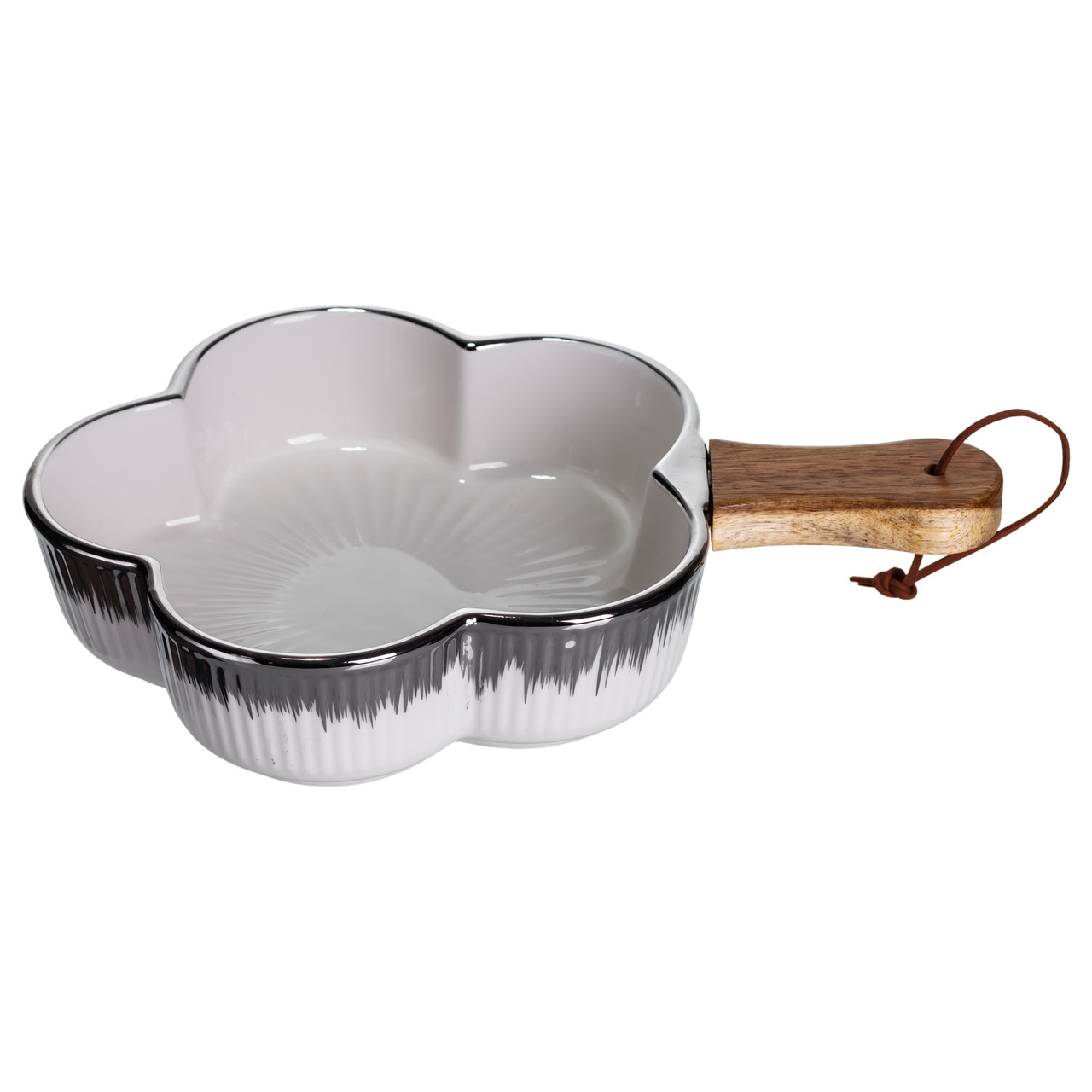 Тарілка порцелянова глибока з ручкою Квітка 27×20×5 (см) блюдо сервірувальне з ручкою для подачі тарілка сковорода Срібло ZJH-13-4