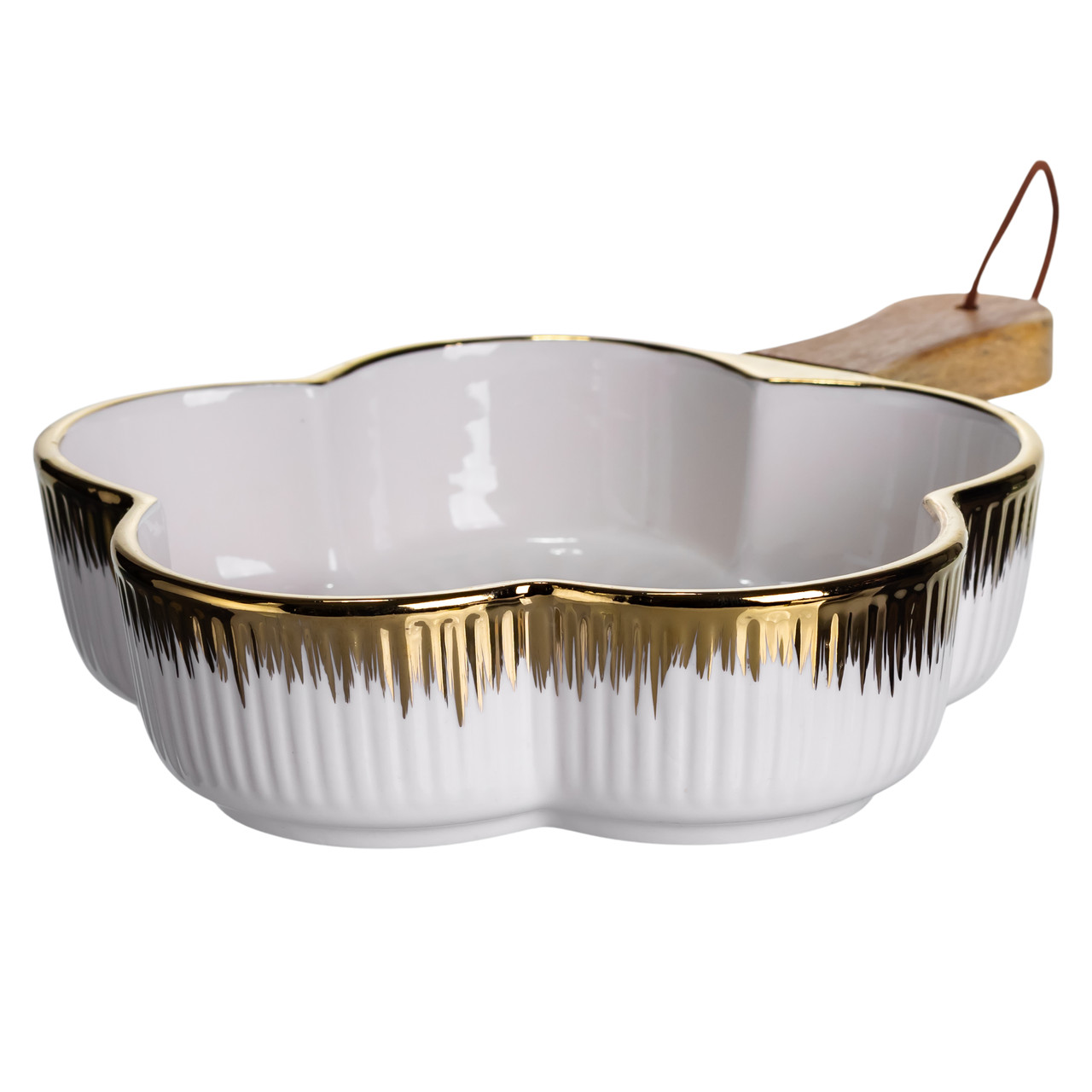 Тарілка порцелянова глибока з ручкою Квітка 27×20×5 (см) блюдо сервірувальне з ручкою для подачі тарілка сковорода Золото ZJH-13-2