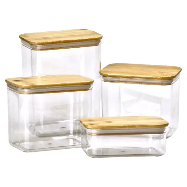 Банки для сипучих продуктів набір з 4 шт пластикові з бамбуковими кришками 0.7 л /1.7 л /2.7 л /3.7 л HP-1301