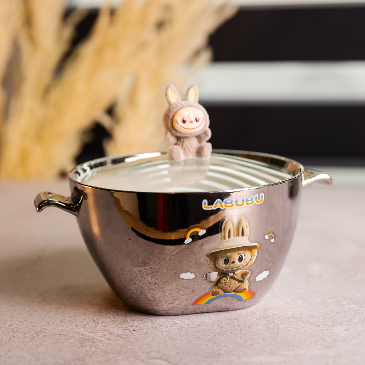 Бульйонниця порцелянова Labubu з кришкою та ручками 800 (мл) Ø15 (см) дитяча тарілка для супу та локшини Сріблястий з коричневим FM-34B