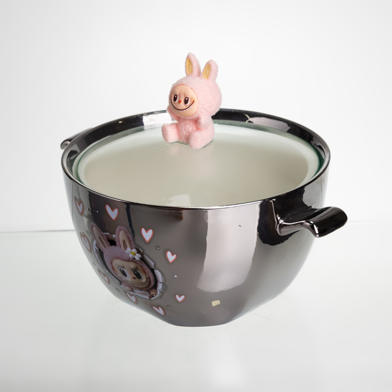 Бульйонниця порцелянова Labubu з кришкою та ручками 800 (мл) Ø15 (см) дитяча тарілка для супу та локшини Сріблястий з рожевим FM-34C