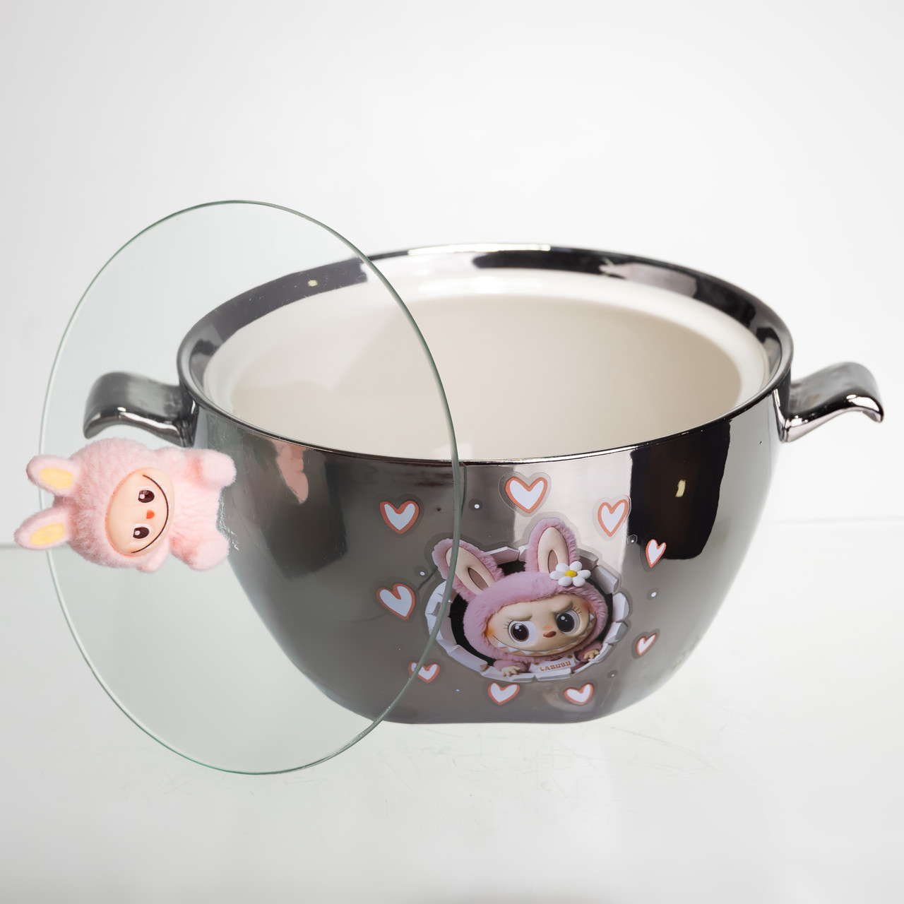 Бульйонниця порцелянова Labubu з кришкою та ручками 800 (мл) Ø15 (см) дитяча тарілка для супу та локшини Сріблястий з рожевим FM-34C