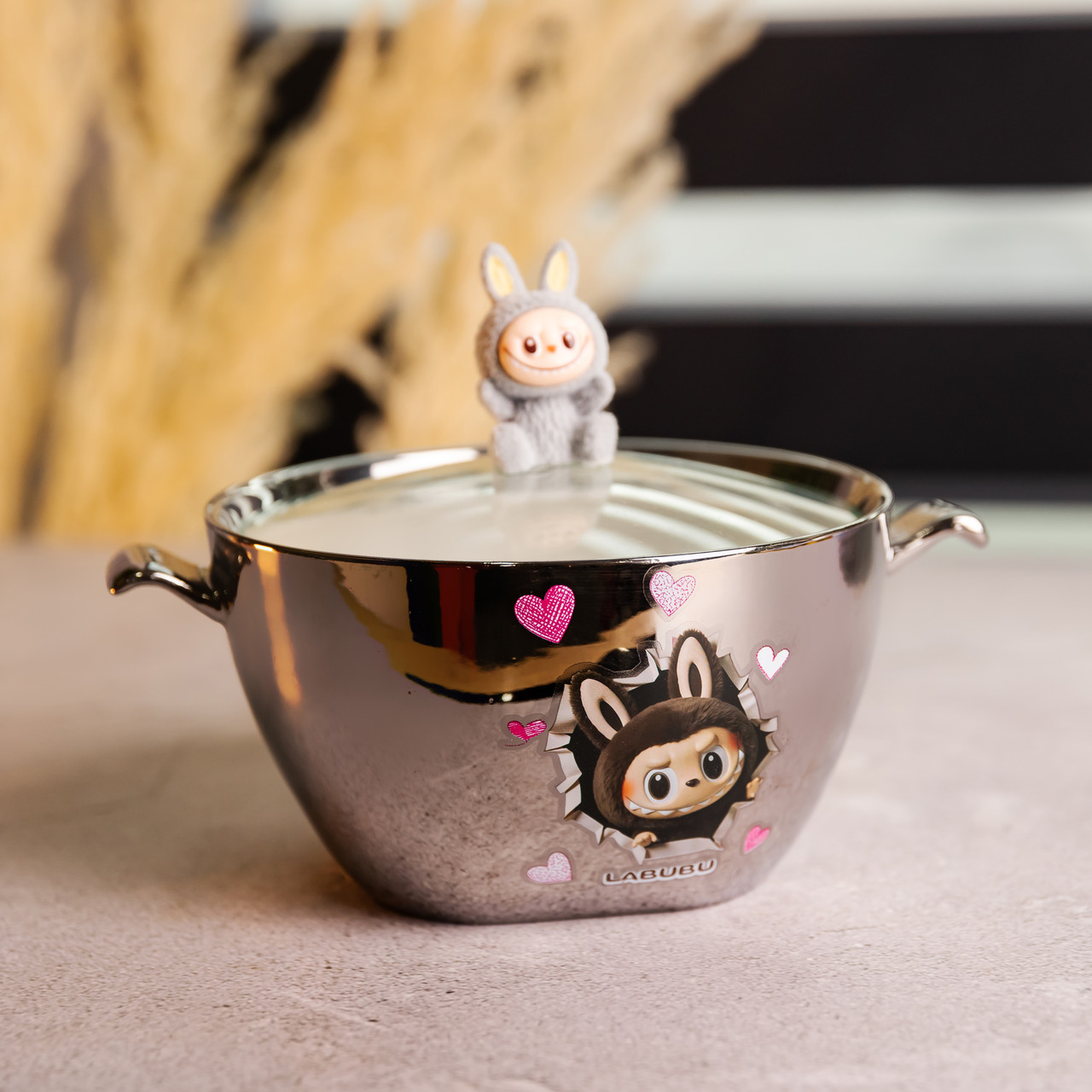 Бульйонниця порцелянова Labubu з кришкою та ручками 800 (мл) Ø15 (см) дитяча тарілка для супу та локшини Сріблястий з сірим FM-34A