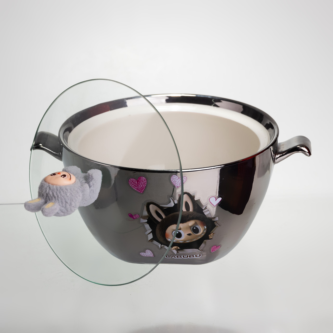 Бульйонниця порцелянова Labubu з кришкою та ручками 800 (мл) Ø15 (см) дитяча тарілка для супу та локшини Сріблястий з сірим FM-34A