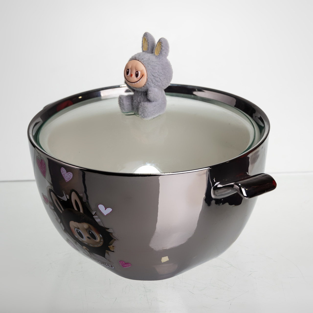 Бульйонниця порцелянова Labubu з кришкою та ручками 800 (мл) Ø15 (см) дитяча тарілка для супу та локшини Сріблястий з сірим FM-34A