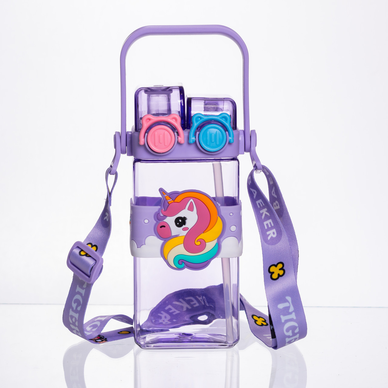 Пляшка для води дитяча з трубочкою 550 мл з ручкою та ремінцем 19 см Фіолетовий HP-18-3V