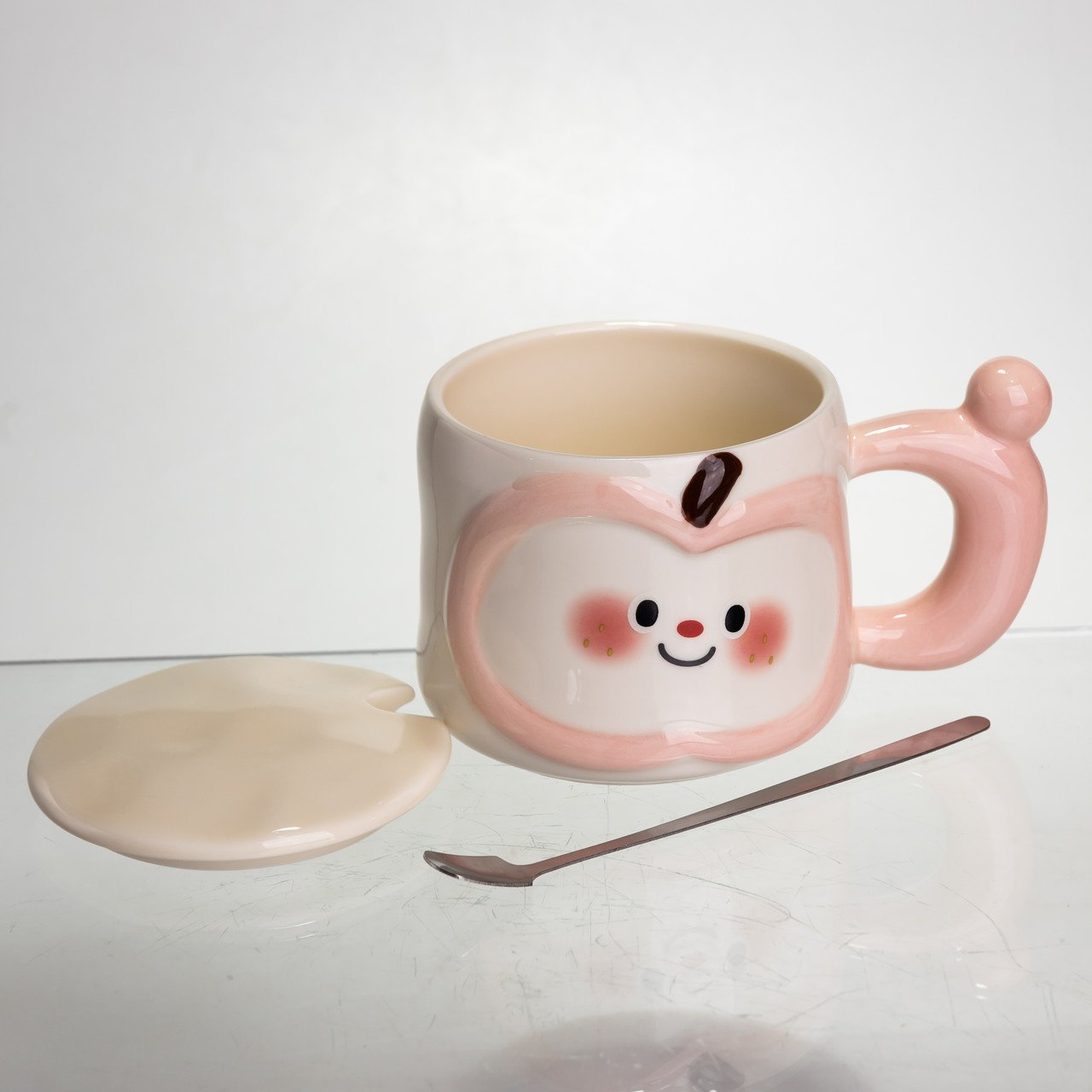 Чашка порцелянова 400 (мл) з кришкою та ложкою, оригінальна кружка на подарунок чашка для дітей Рожевий FM-25C