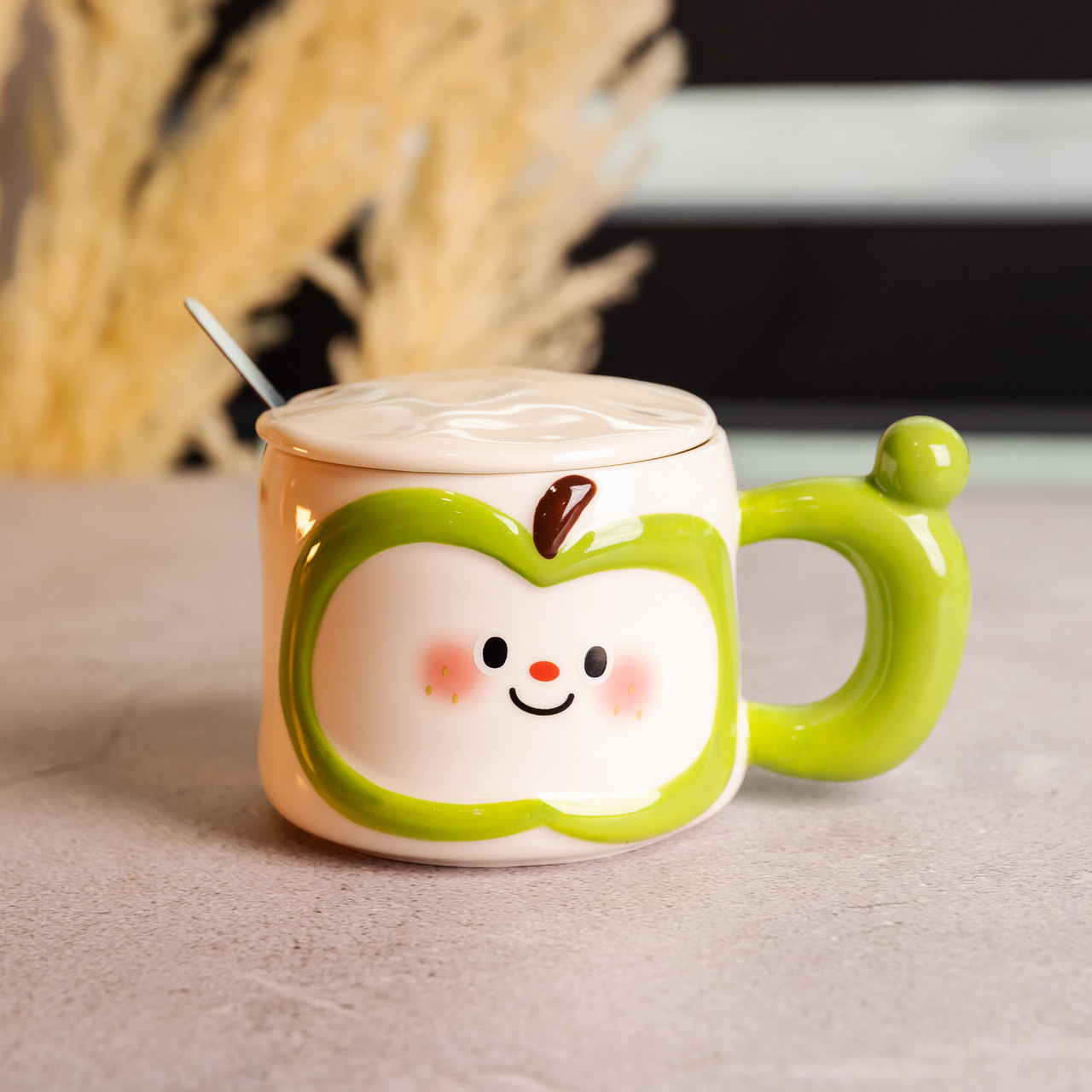 Чашка порцелянова 400 (мл) з кришкою та ложкою, оригінальна кружка на подарунок чашка для дітей Зелений FM-25A