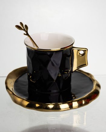 Чашка порцелянова для кави 200 (мл) з блюдцем і ложкою, гарна чашка в подарунок Чорний із золотом FM-1A