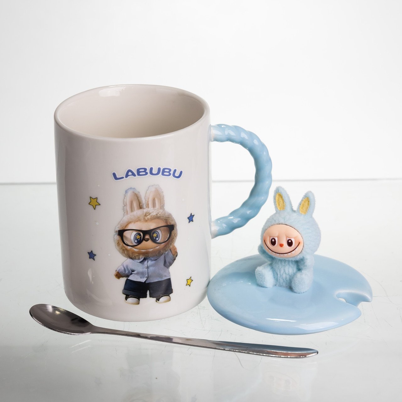 Чашка порцелянова з кришкою і ложкою Labubu 400 (мл) подарункова кружка прикольна чашка для дітей на подарунок Блакитний FM-35B