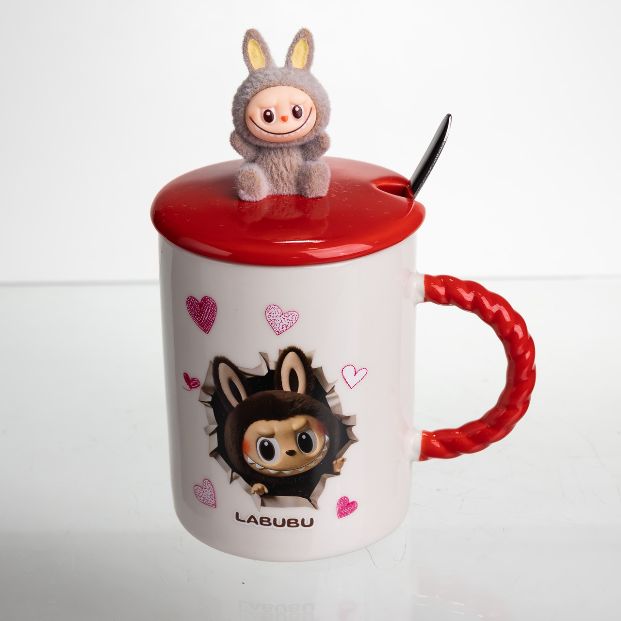 Кубок порцелянова з кришкою і ложкою Labubu 400 (мл) подарункова кружка прикольна чашка для дітей на подарунок Червоний FM-35D