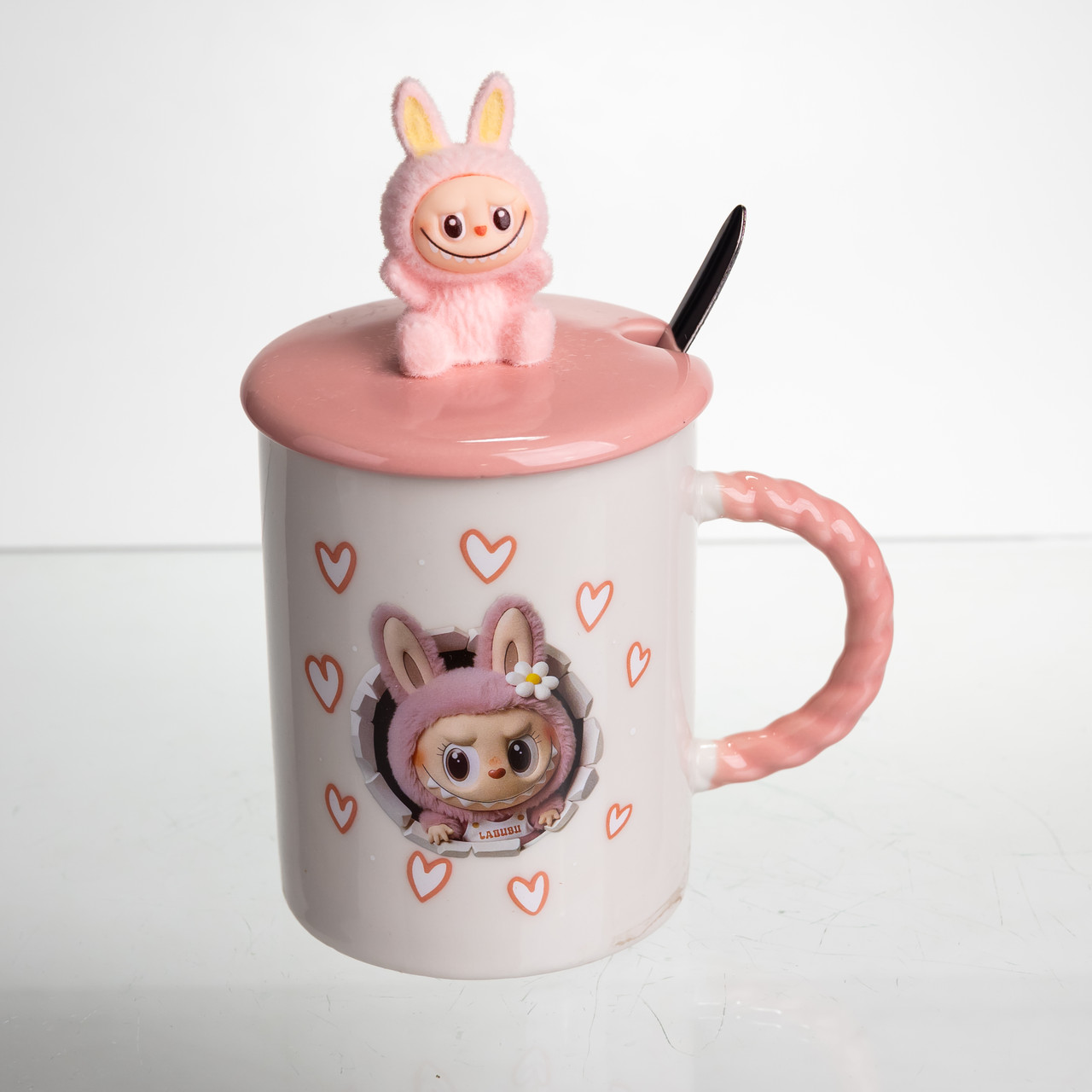 Кубок порцелянова з кришкою і ложкою Labubu 400 (мл) подарункова кружка прикольна чашка для дітей на подарунок Рожевий FM-35C