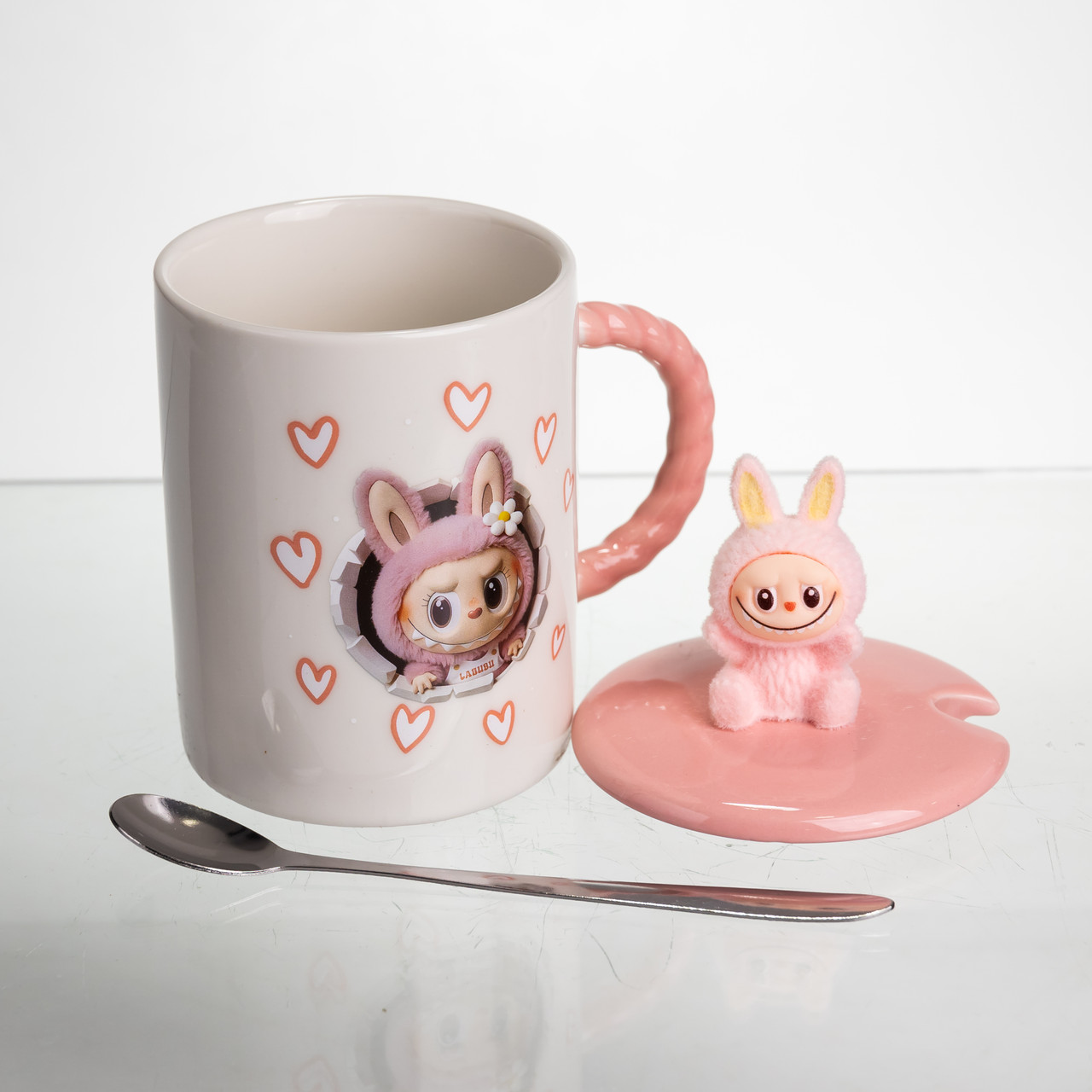 Кубок порцелянова з кришкою і ложкою Labubu 400 (мл) подарункова кружка прикольна чашка для дітей на подарунок Рожевий FM-35C